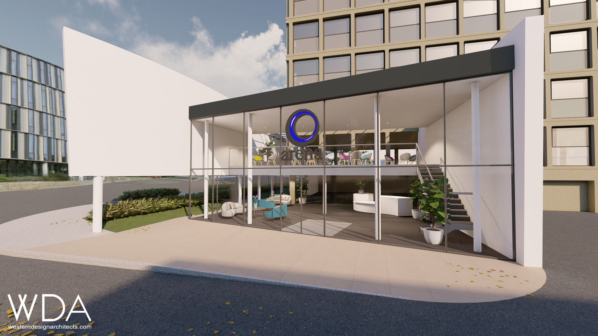 A 3D render of the outside of an office reception.