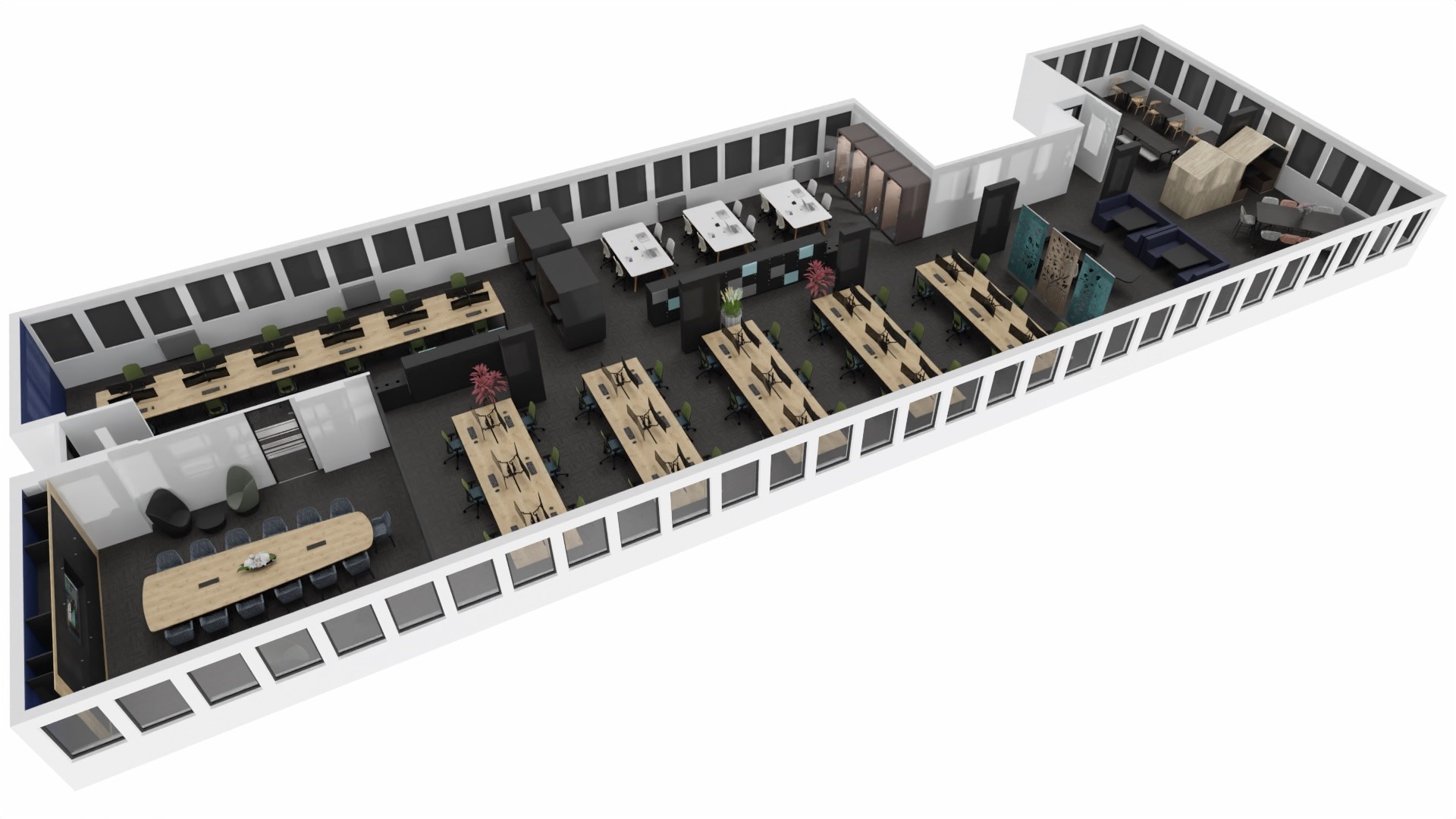 A 3D render of an office layout.
