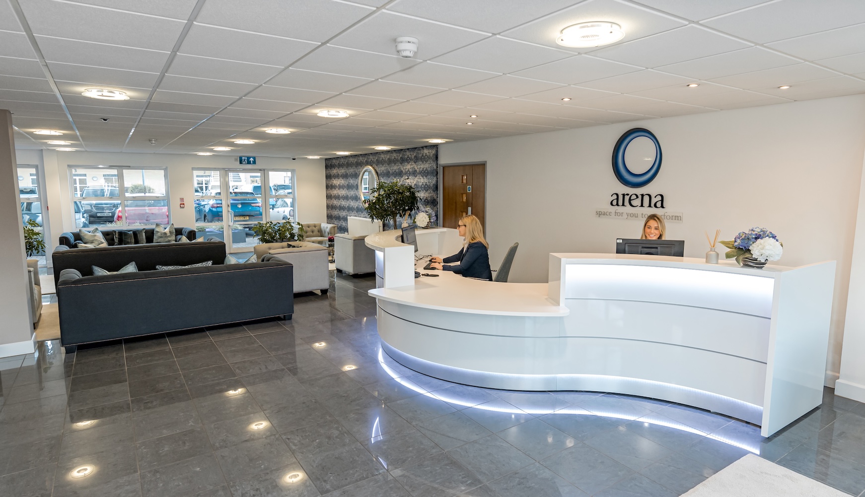Reception area at Nimrod Way serviced offices in Ferndown by Arena Offices
